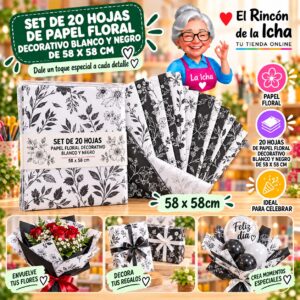 RI-0010113 Set de 20 Hojas de Papel Floral Decorativo Blanco Y Negro De 58 X 58 Cm Feliz