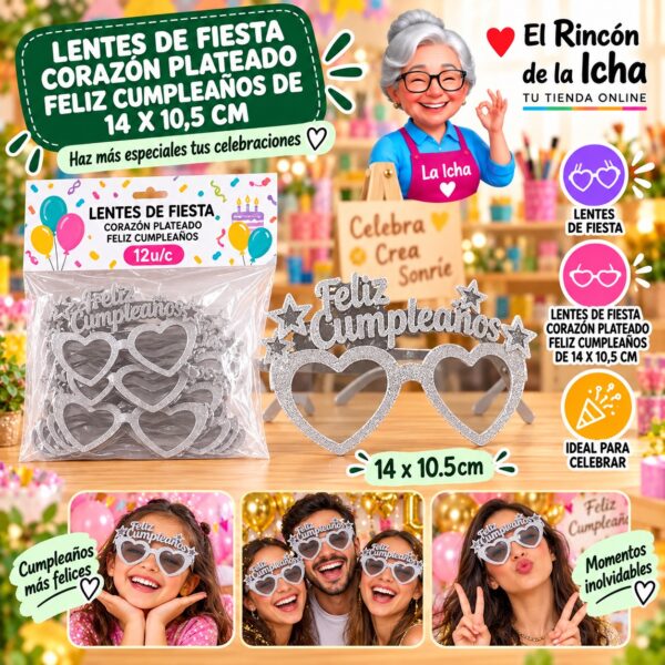 RI-0010116 Lentes de Fiesta Corazón Plateado Feliz Cumpleaños De 14 X 10,5 Cm Feliz