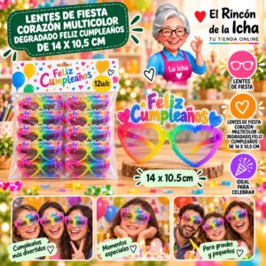 Lentes de Fiesta Corazón Multicolor Degradado Feliz Cumpleaños De 14 X 10,5 Cm Feliz