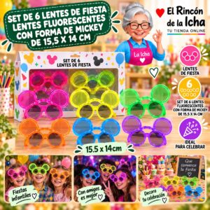 Set de 6 Lentes de Fiesta Lentes Fluorescentes Con Forma De Mickey De 15,5 X 14 Cm Feliz