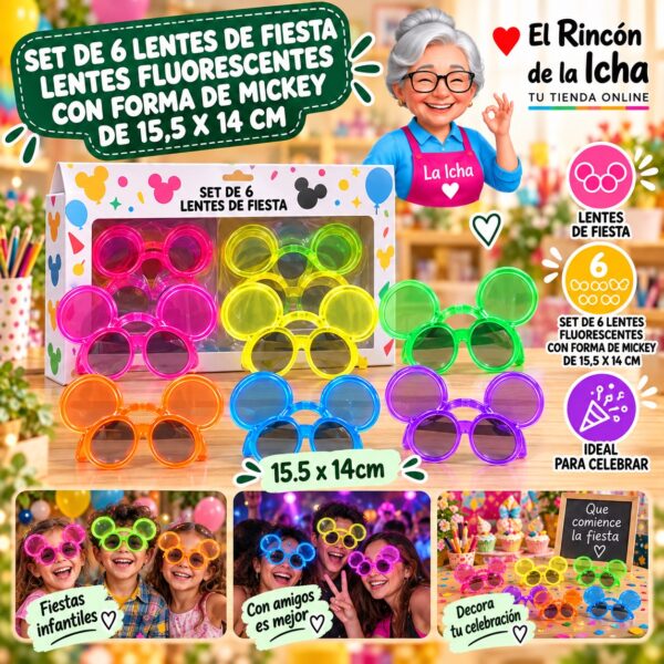 RI-0010118 Set de 6 Lentes de Fiesta Lentes Fluorescentes Con Forma De Mickey De 15,5 X 14 Cm Feliz