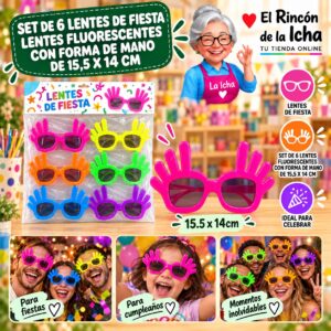 Set de 6 Lentes de Fiesta Lentes Fluorescentes Con Forma De Mano De 15,5 X 14 Cm Feliz