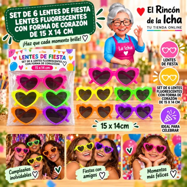 RI-0010120 Set de 6 Lentes de Fiesta Lentes Fluorescentes Con Forma De Corazón De 15 X 14 Cm Feliz