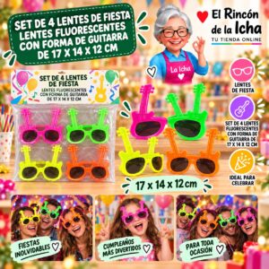 Set de 4 Lentes de Fiesta Lentes Fluorescentes Con Forma De Guitarra De 17 X 14 X 12 Cm Feliz