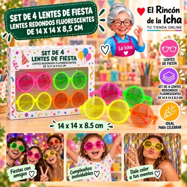 RI-0010126 Set de 4 Lentes de Fiesta Lentes Redondos Fluorescentes De 14 X 14 X 8,5 Cm Feliz