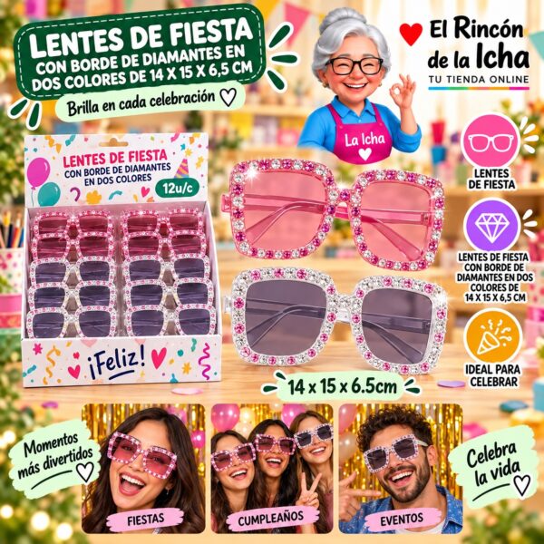 RI-0010127 Lentes de Fiesta Con Borde De Diamantes En Dos Colores De 14 X 15 X 6,5 Cm Feliz