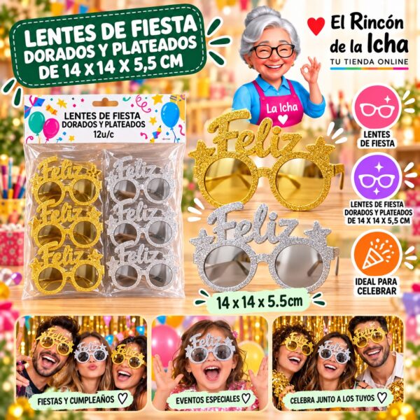 RI-0010128 Lentes de Fiesta Dorados Y Plateados De 14 X 14 X 5,5 Cm Feliz