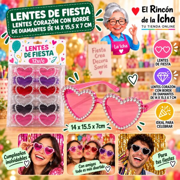RI-0010131 Lentes de Fiesta Lentes Corazón Con Borde De Diamantes De 14 X 15,5 X 7 Cm Feliz