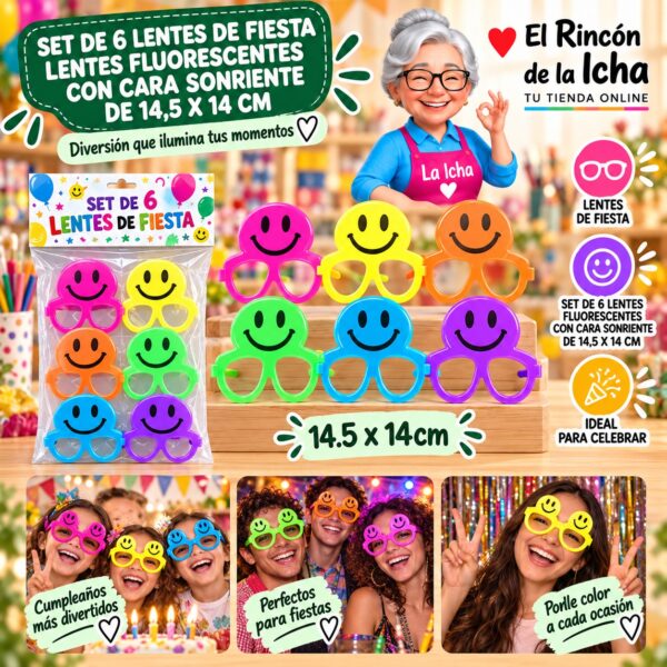 RI-0010132 Set de 6 Lentes de Fiesta Lentes Fluorescentes Con Forma De Corazón De 14 X 14 Cm Feliz