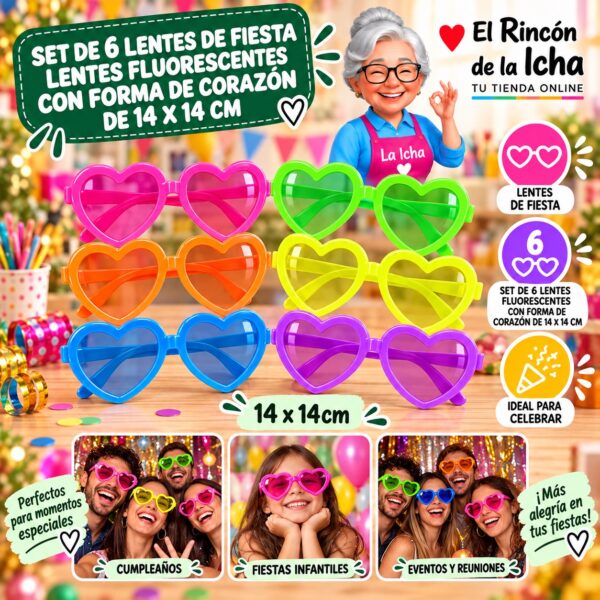RI-0010133 Set de 6 Lentes de Fiesta Lentes Fluorescentes Con Cara Sonriente De 14,5 X 14 Cm Feliz