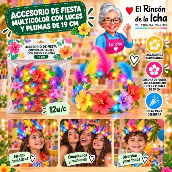 RI-0010150 Accesorio de Fiesta Multicolor Con Luces Y Plumas De 19 Cm Feliz