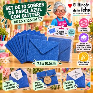 RI-0010159 Set de 10 Sobres de Papel Azul Con Glitter De 7,5 X 10,5 Cm Feliz