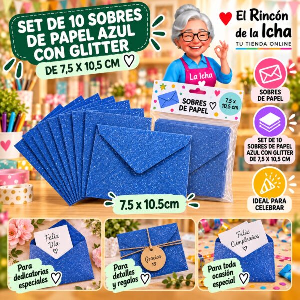RI-0010159 Set de 10 Sobres de Papel Azul Con Glitter De 7,5 X 10,5 Cm Feliz
