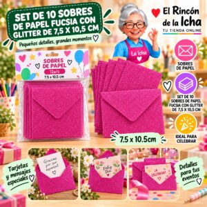 RI-0010160 Set de 10 Sobres de Papel Fucsia Con Glitter De 7,5 X 10,5 Cm Feliz