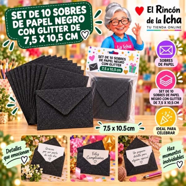 Set de 10 Sobres de Papel Negro Con Glitter De 7,5 X 10,5 Cm Feliz