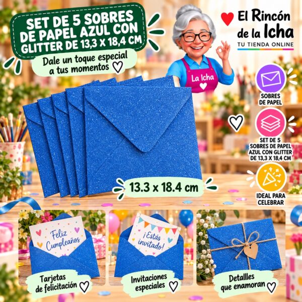 Set de 5 Sobres de Papel Azul Con Glitter De 13,3 X 18,4 Cm Feliz