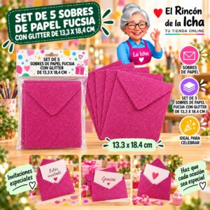 RI-0010163 Set de 5 Sobres de Papel Fucsia Con Glitter De 13,3 X 18,4 Cm Feliz