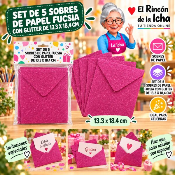 RI-0010163 Set de 5 Sobres de Papel Fucsia Con Glitter De 13,3 X 18,4 Cm Feliz