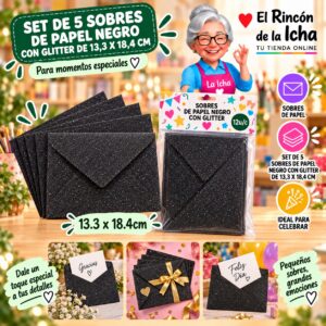 RI-0010164 Set de 5 Sobres de Papel Negro Con Glitter De 13,3 X 18,4 Cm Feliz