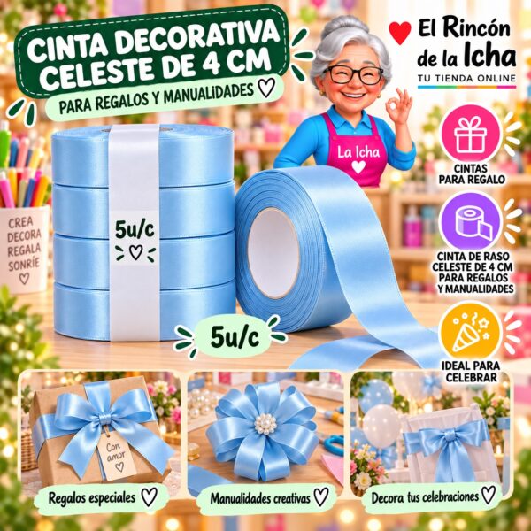 RI-0010165 Cinta Decorativa Celeste De 4 Cm Para Regalos Y Manualidades Feliz