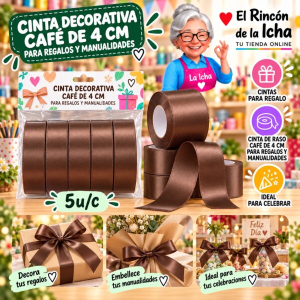RI-0010166 Cinta Decorativa Café De 4 Cm Para Regalos Y Manualidades Feliz