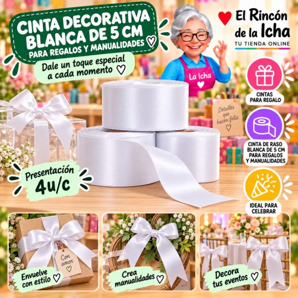 RI-0010168 Cinta Decorativa Blanca De 5 Cm Para Regalos Y Manualidades Feliz