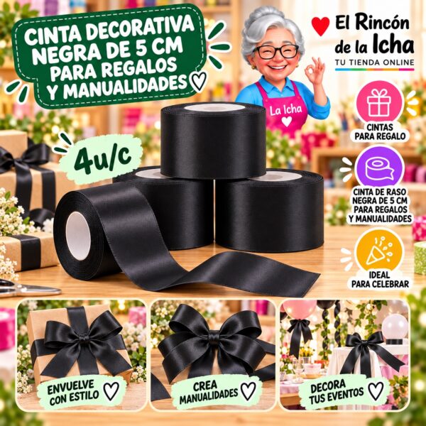RI-0010169 Cinta Decorativa Negra De 5 Cm Para Regalos Y Manualidades Feliz