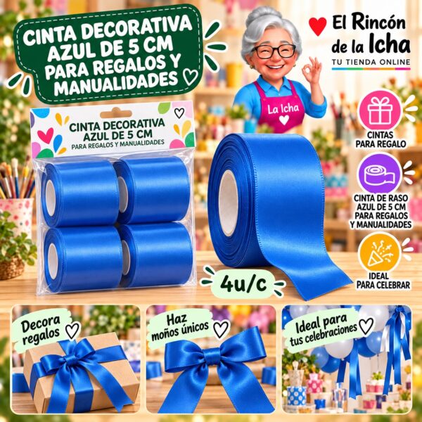 RI-0010177 Cinta Decorativa Azul De 5 Cm Para Regalos Y Manualidades Feliz