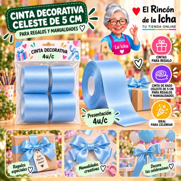 RI-0010178 Cinta Decorativa Celeste De 5 Cm Para Regalos Y Manualidades Feliz