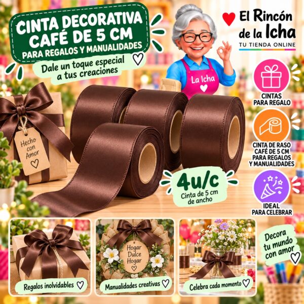 RI-0010179 Cinta Decorativa Café De 5 Cm Para Regalos Y Manualidades Feliz
