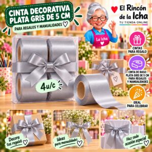 RI-0010181 Cinta Decorativa Plata Gris De 5 Cm Para Regalos Y Manualidades Feliz