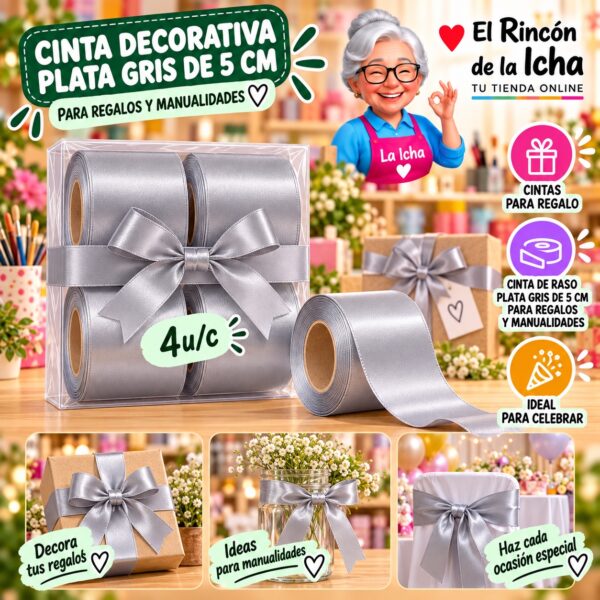 RI-0010181 Cinta Decorativa Plata Gris De 5 Cm Para Regalos Y Manualidades Feliz