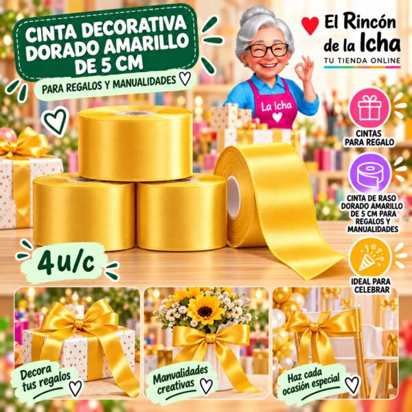 RI-0010182 Cinta Decorativa Dorado Amarillo De 5 Cm Para Regalos Y Manualidades Feliz