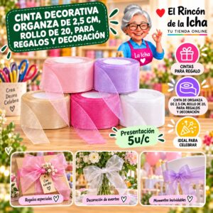 RI-0010183 Cinta Decorativa Organza De 2,5 Cm, Rollo De 20, Para Regalos Y Decoración Feliz