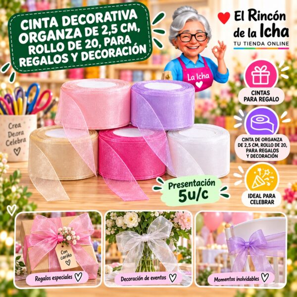 RI-0010183 Cinta Decorativa Organza De 2,5 Cm, Rollo De 20, Para Regalos Y Decoración Feliz