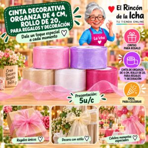 RI-0010184 Cinta Decorativa Organza De 4 Cm, Rollo De 20, Para Regalos Y Decoración Feliz