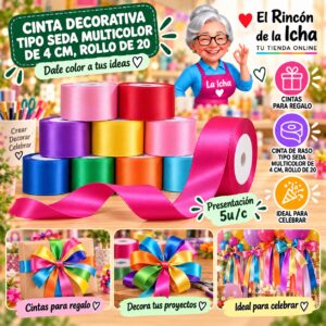 RI-0010185 Cinta Decorativa Tipo Seda Multicolor De 4 Cm, Rollo De 20 Feliz