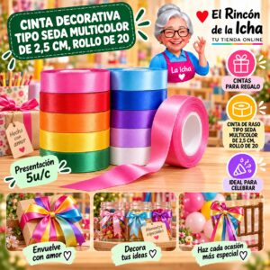 RI-0010186 Cinta Decorativa Tipo Seda Multicolor De 2,5 Cm, Rollo De 20 Feliz