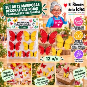 RI-0010188 Set de 12 Mariposas Decorativas Rojas Y Amarillas En Tres Tamaños Feliz
