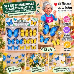 RI-0010189 Set de 12 Mariposas Decorativas Azules Y Amarillas En Tres Tamaños Feliz