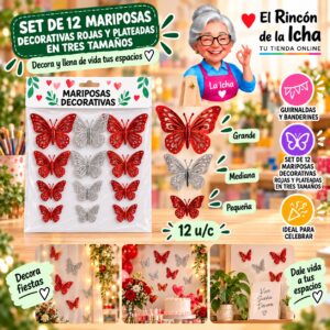 RI-0010190 Set de 12 Mariposas Decorativas Rojas Y Plateadas En Tres Tamaños Feliz