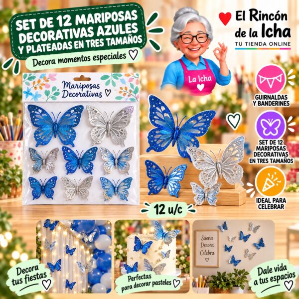 RI-0010191 Set de 12 Mariposas Decorativas Azules Y Plateadas En Tres Tamaños Feliz