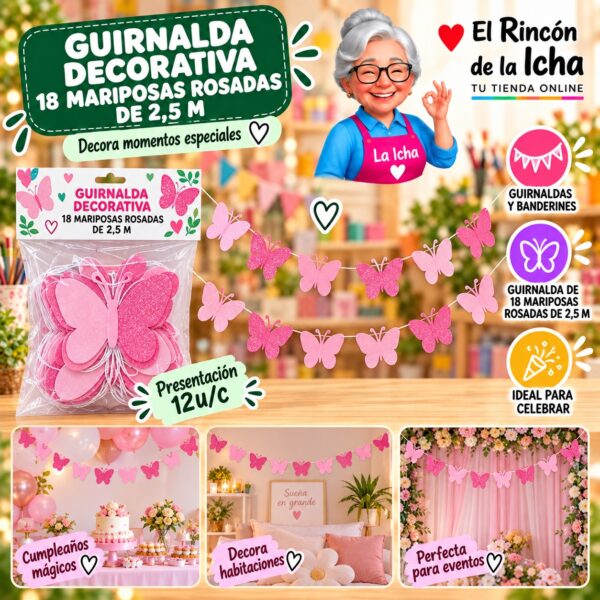 RI-0010193 Guirnalda Decorativa 18 Mariposas Rosadas De 2,5 M Feliz