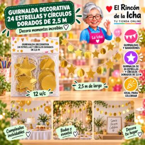 RI-0010195 Guirnalda Decorativa 24 Estrellas Y Círculos Dorados De 2,5 M Feliz