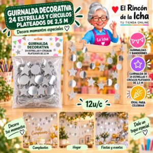 RI-0010196 Guirnalda Decorativa 24 Estrellas Y Círculos Plateados De 2,5 M Feliz