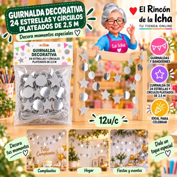 RI-0010196 Guirnalda Decorativa 24 Estrellas Y Círculos Plateados De 2,5 M Feliz