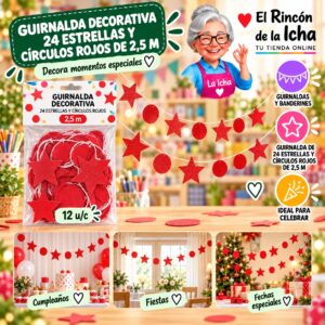 RI-0010197 Guirnalda Decorativa 24 Estrellas Y Círculos Rojos De 2,5 M Feliz