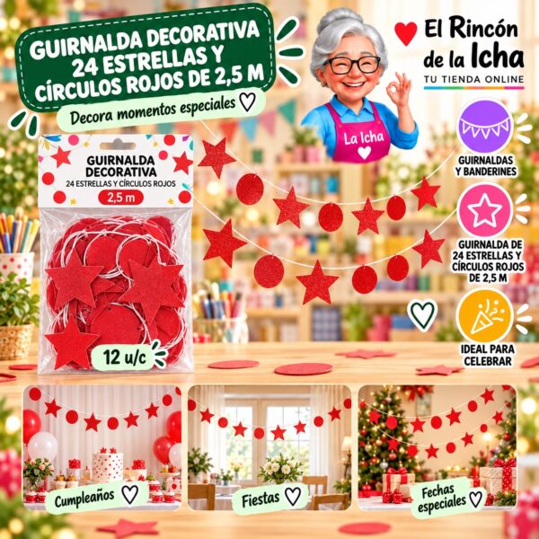 RI-0010197 Guirnalda Decorativa 24 Estrellas Y Círculos Rojos De 2,5 M Feliz