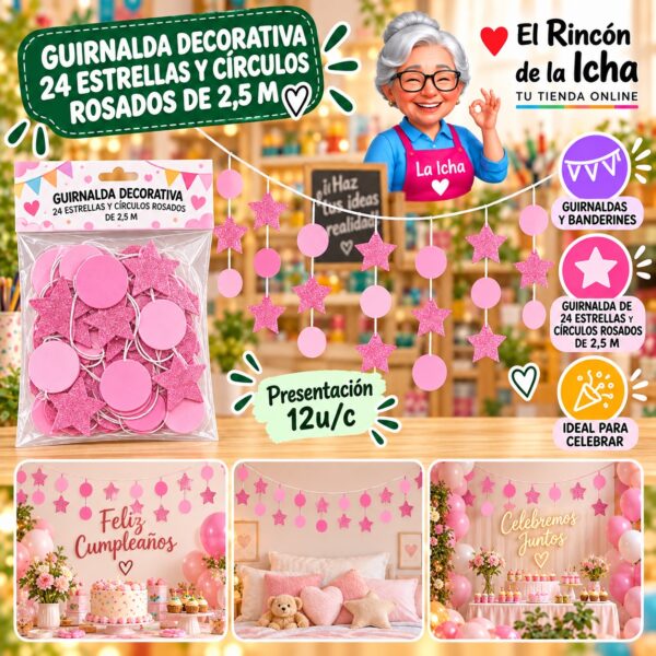 RI-0010198 Guirnalda Decorativa 24 Estrellas Y Círculos Rosados De 2,5 M Feliz