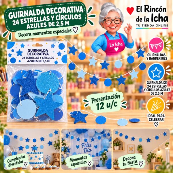 RI-0010199 Guirnalda Decorativa 24 Estrellas Y Círculos Azules De 2,5 M Feliz